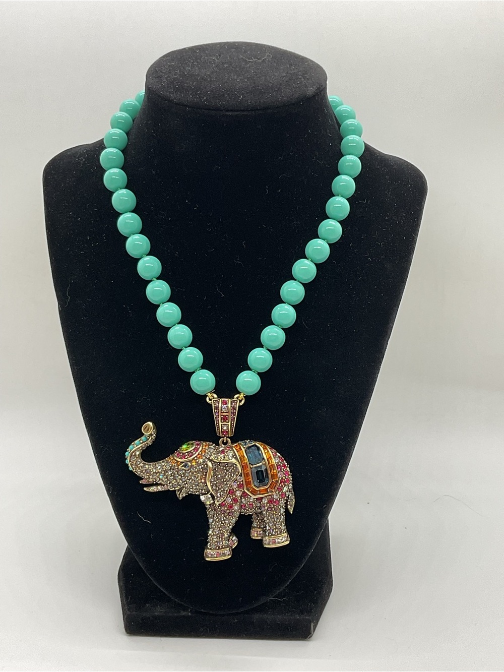 Heidi Daus Turquoise Colored  Beaded Necklace with Jeweled Elephant Pendant